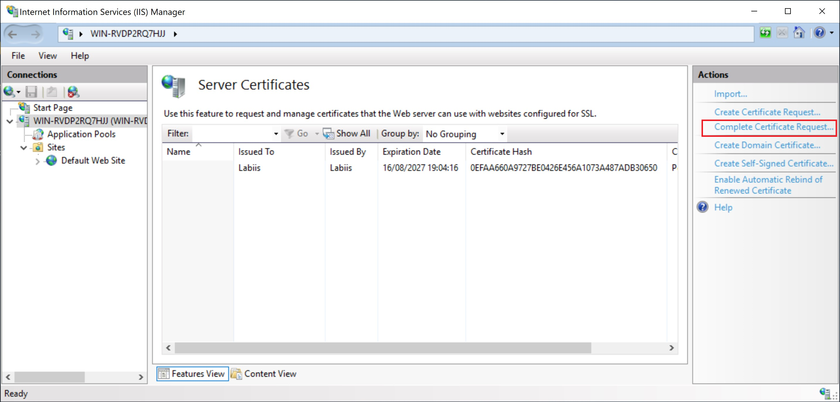 _IIS Manager_, complete the certificate request process