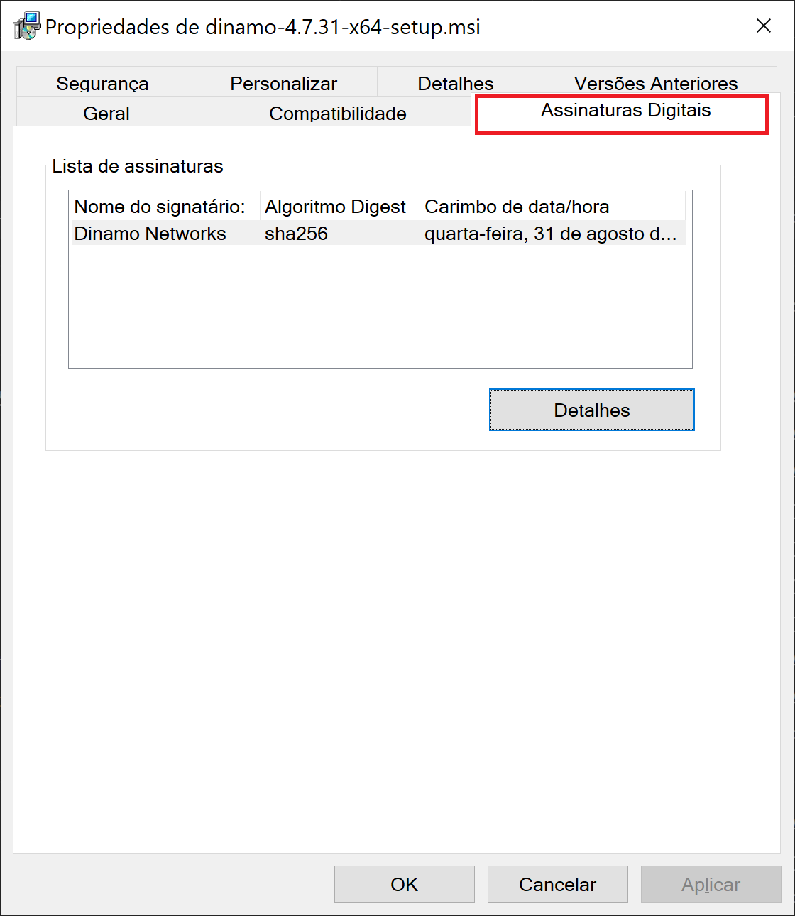 Digital signature property of the file