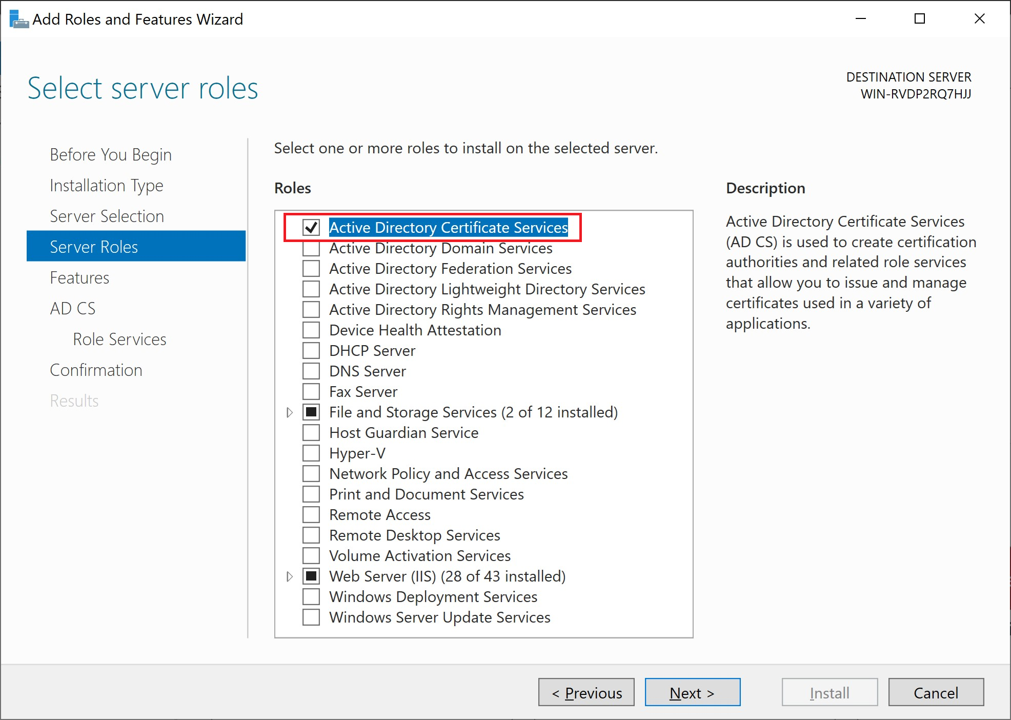 Select Active Directory Certificate Services