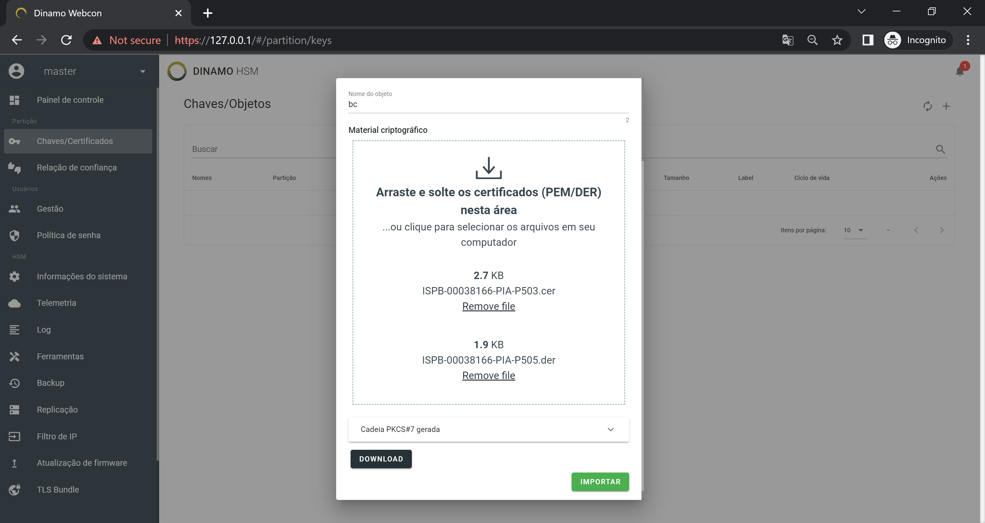 Certificate input screen