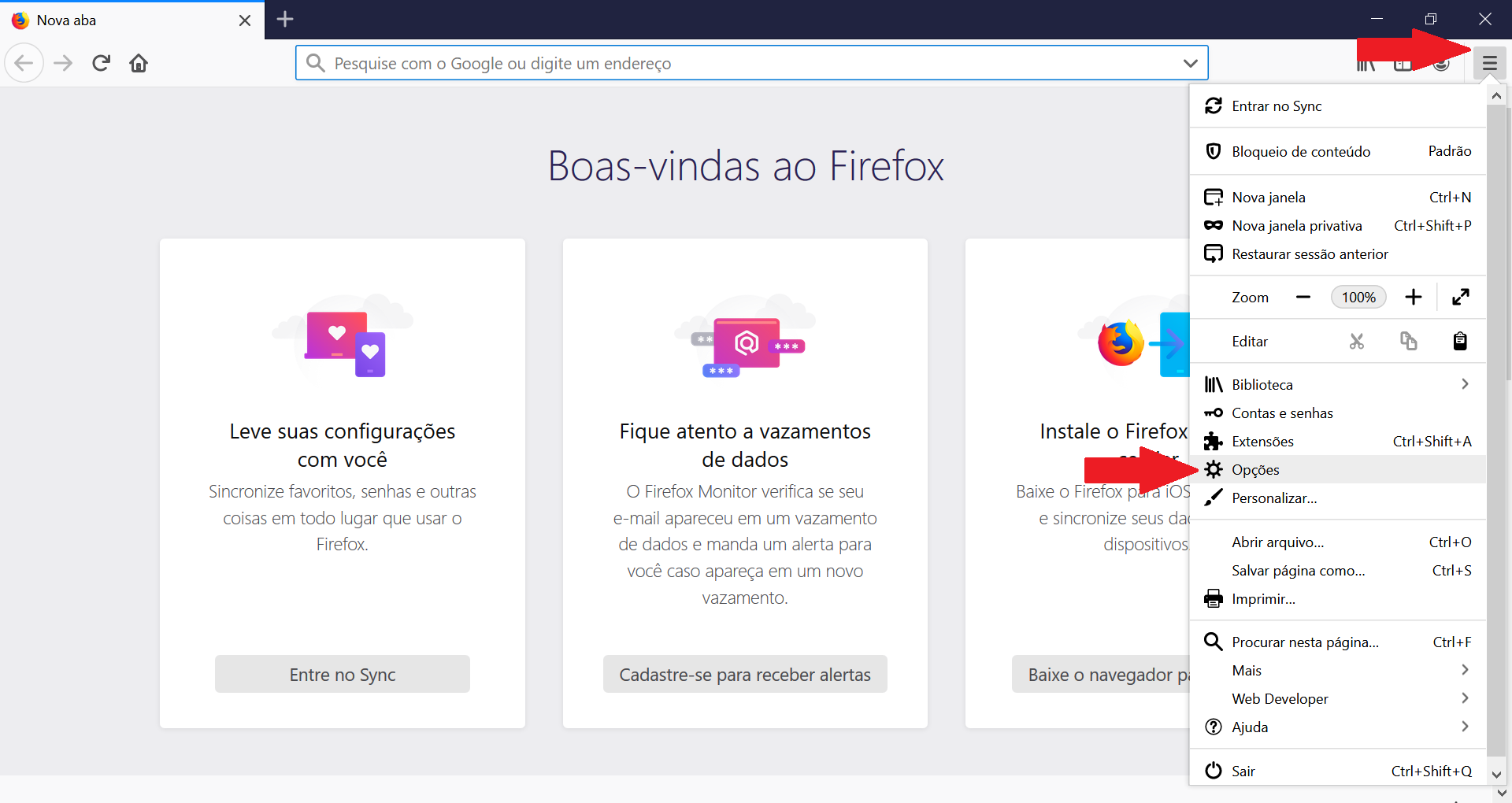 Firefox menu screen.