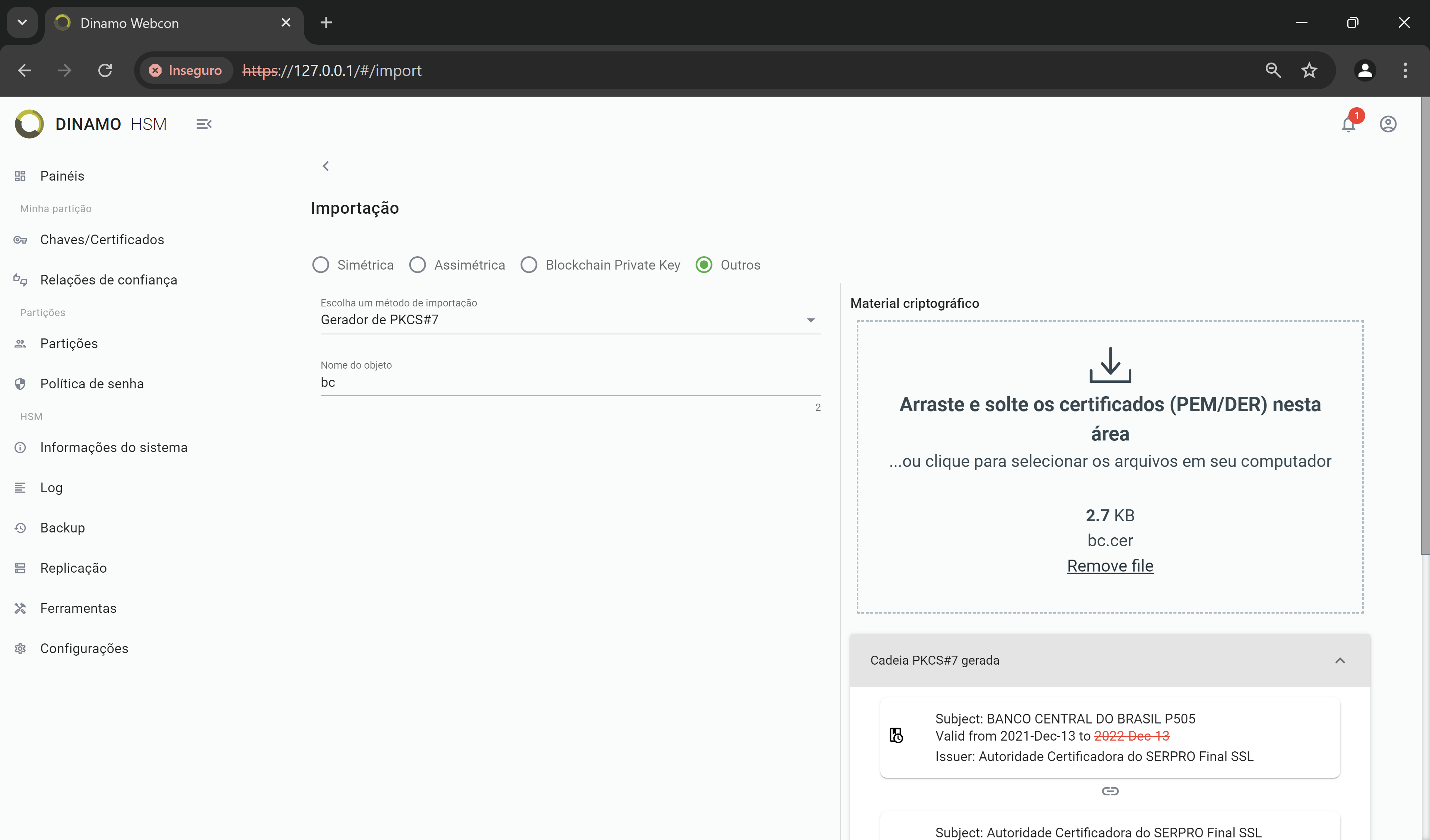 Certificate input